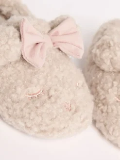 Pantoffels*Lipsy - Imitatiebont pantoffelmuiltjes met teddybeer, strik en gesloten neus