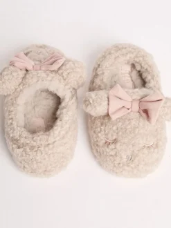 Pantoffels*Lipsy - Imitatiebont pantoffelmuiltjes met teddybeer, strik en gesloten neus