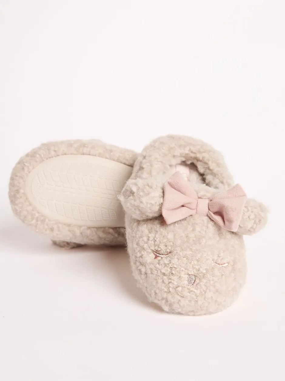 Pantoffels*Lipsy - Imitatiebont pantoffelmuiltjes met teddybeer, strik en gesloten neus