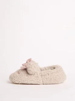 Pantoffels*Lipsy - Imitatiebont pantoffelmuiltjes met teddybeer, strik en gesloten neus