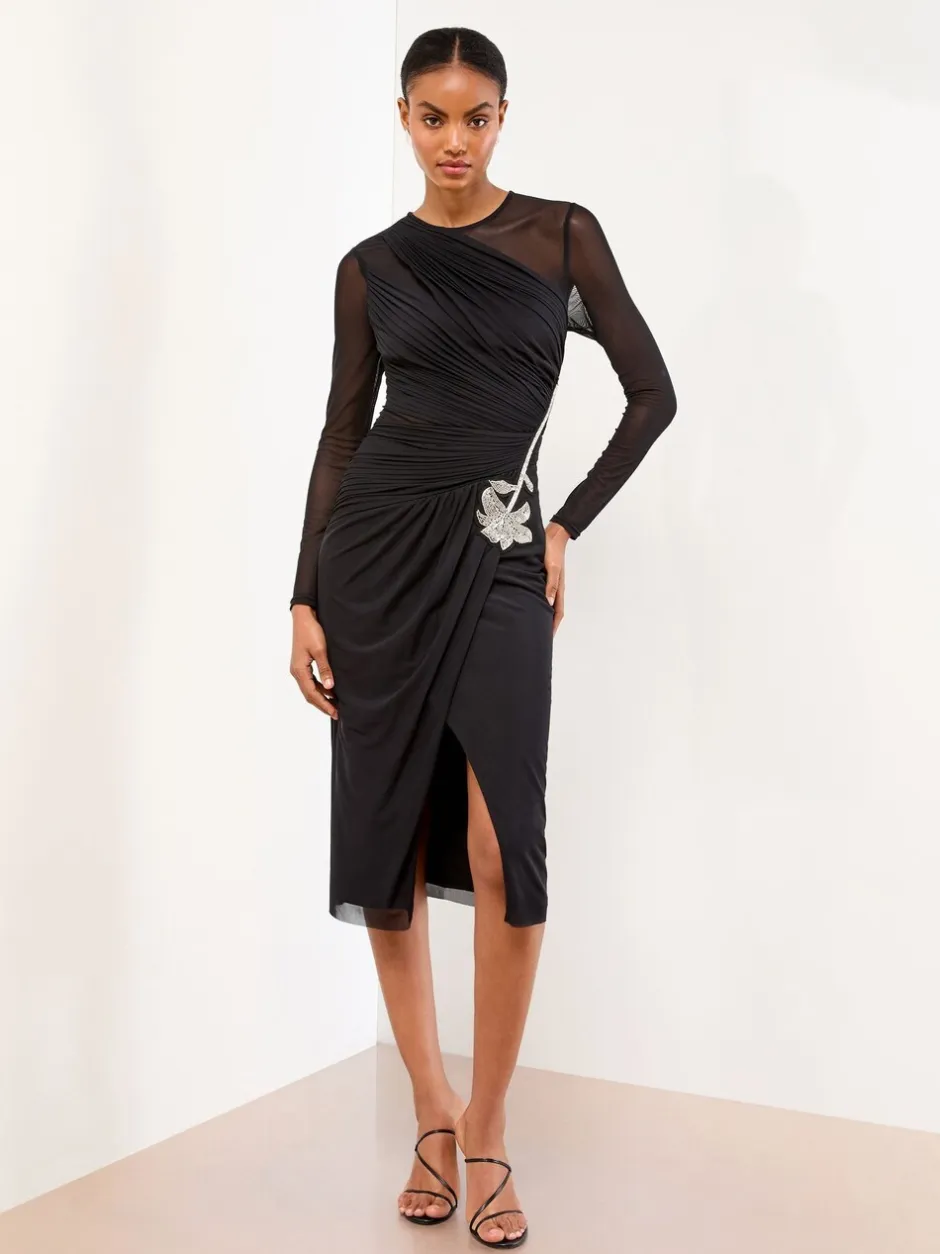 Gelegenheidskleding|Lipsy bodycon midi-jurk van mesh met lange mouwen en versierde rand