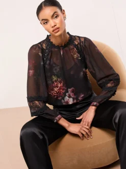 Blouses En Overhemden*Lipsy Floral Lace Insert Sheer Blouse