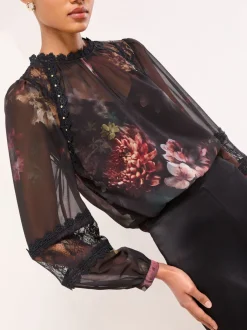Blouses En Overhemden*Lipsy Floral Lace Insert Sheer Blouse