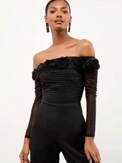 Jumpsuits En Playsuits|Lipsy Flower 3D Trim Bardot Long Sleeve Mesh Jumpsuit