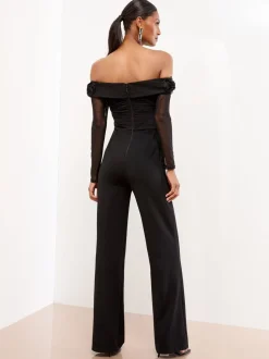 Jumpsuits En Playsuits|Lipsy Flower 3D Trim Bardot Long Sleeve Mesh Jumpsuit