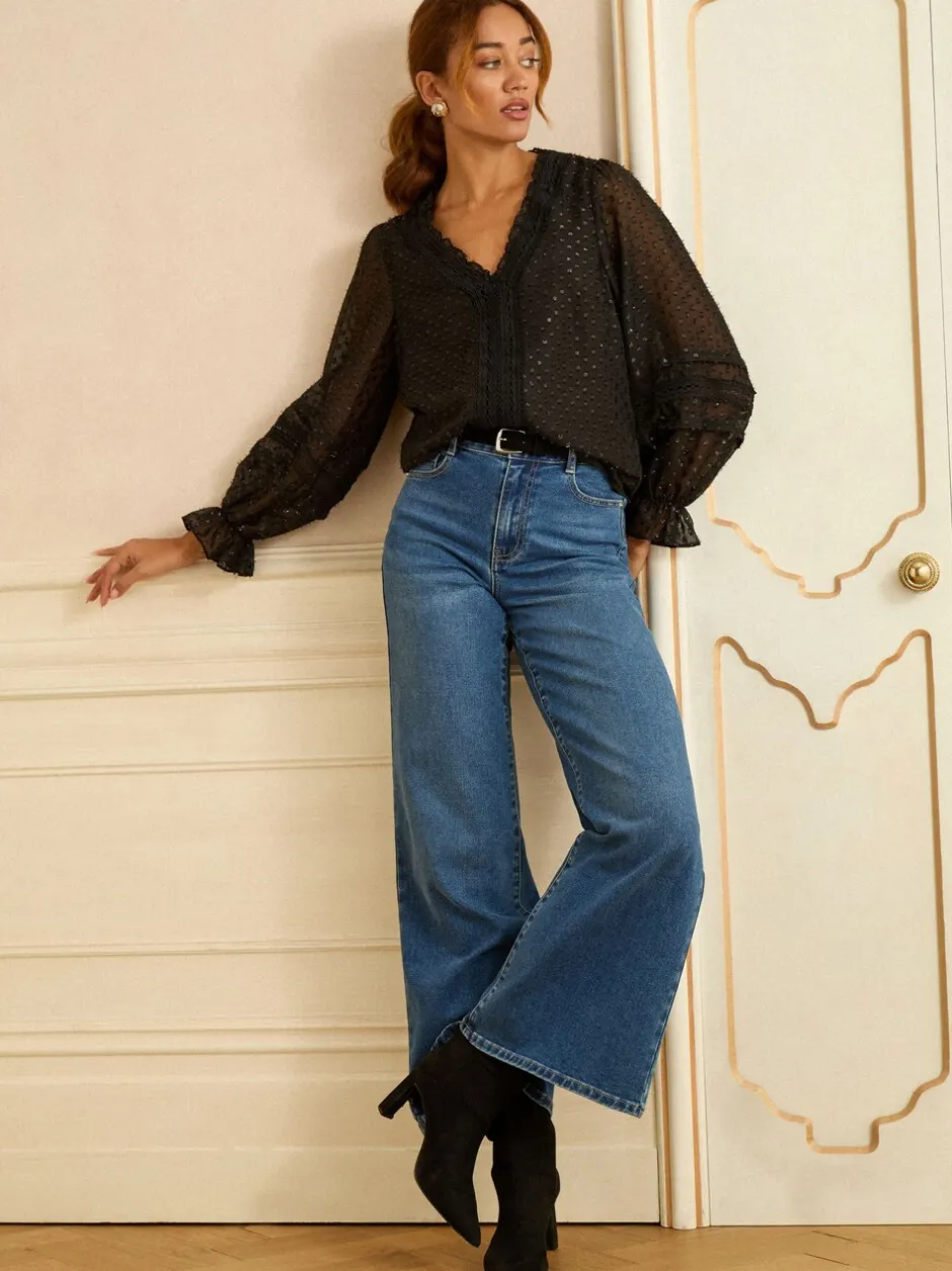 Gelegenheidskleding|Blouses En Overhemden*Love & Roses - Fluwelen blouse met lange mouwen en metallic dobby