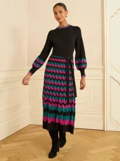 Gebreide Kleding|Jurken|Love & Roses - Geschulpte gebreide midi-jurk
