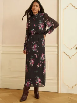 Gelegenheidskleding|Jurken|Love & Roses - Hoogsluitende midi-jurk van mesh met plisséplooien