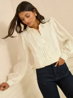 Blouses En Overhemden|Tops En T-Shirts|Love & Roses Long Sleeve Button Through Lace Trim Shirt