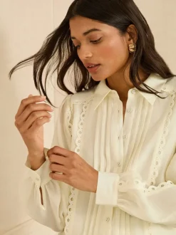 Blouses En Overhemden|Tops En T-Shirts|Love & Roses Long Sleeve Button Through Lace Trim Shirt