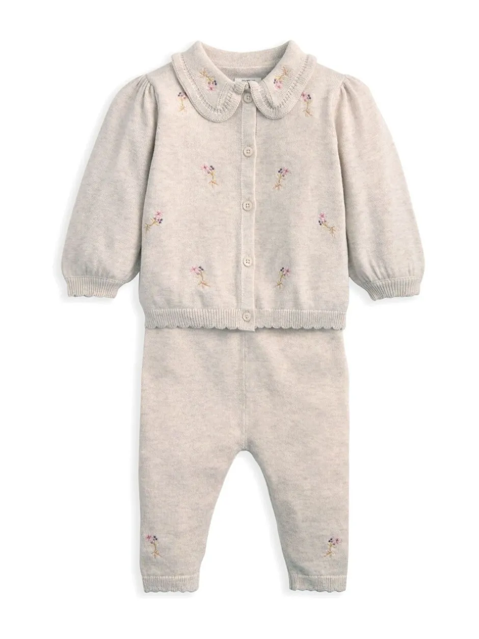 Gebreide Kleding*Mamas & Papas Embroidered Knit Cardigan & Leggings Set with Scallop Detail