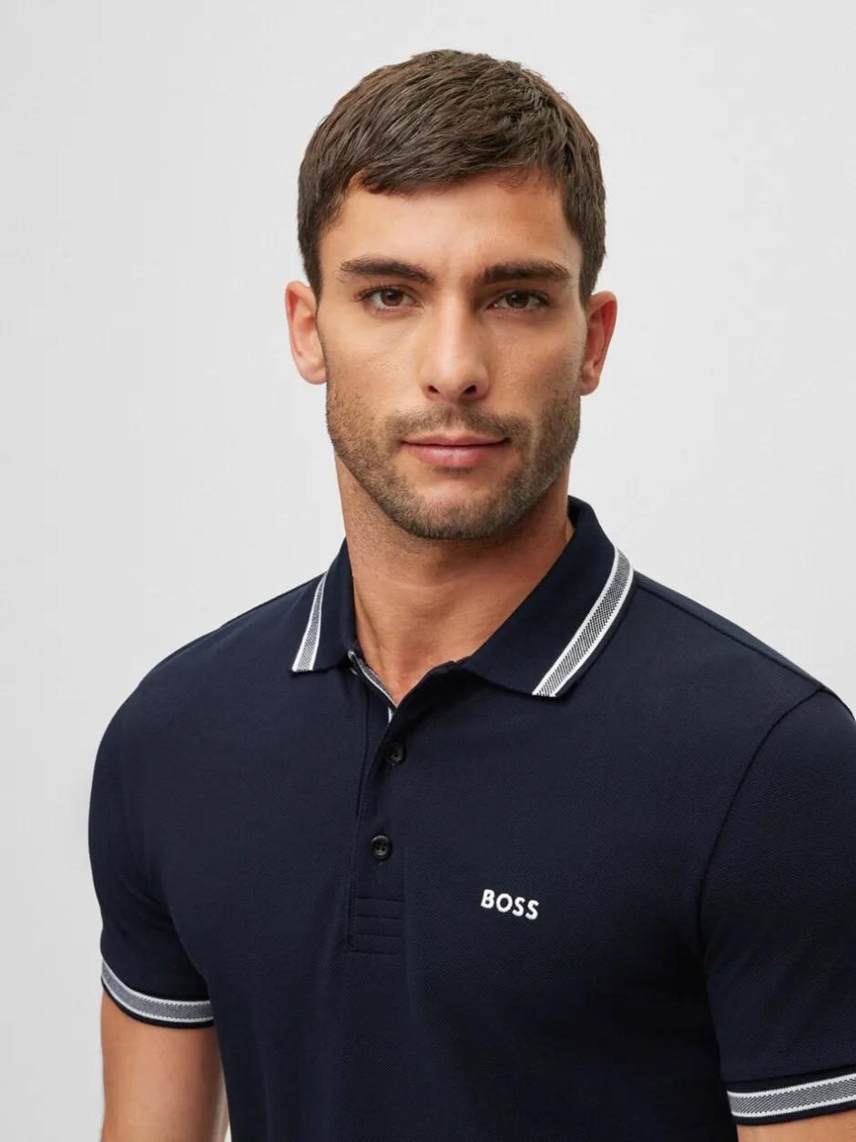 Poloshirts|BOSS Marineblauw - Regular Fit Paddy poloshirt met contrasterende kraag
