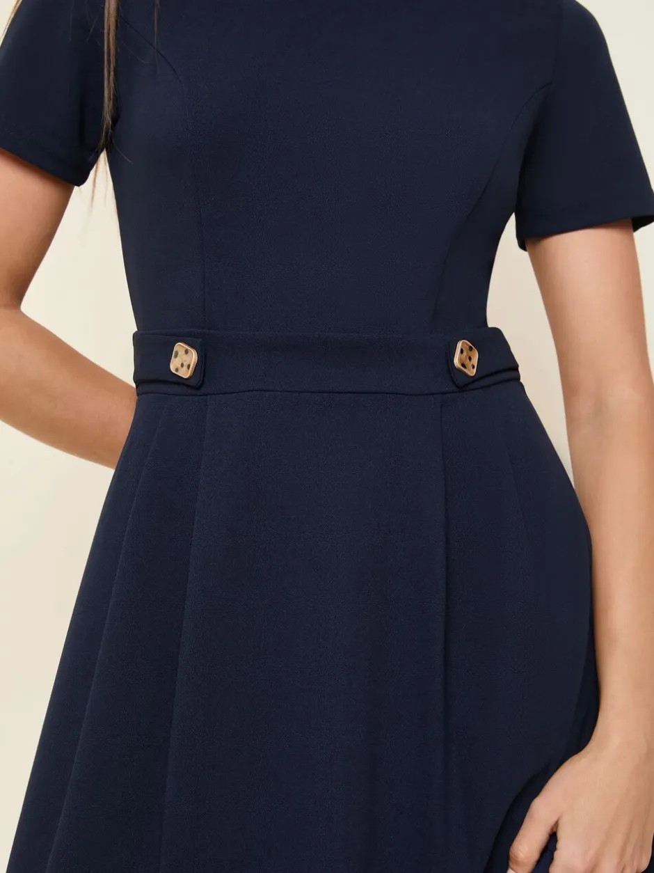 Jurken*Friends Like These Marineblauw - Getailleerde midi-jurk met tabdetail en korte mouwen
