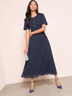 Gelegenheidskleding|Jurken*Friends Like These - Button Down 2-In-1 Pleated Dress Marineblauw