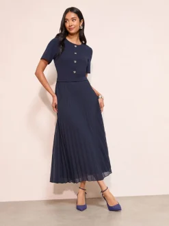 Gelegenheidskleding|Jurken*Friends Like These - Button Down 2-In-1 Pleated Dress Marineblauw