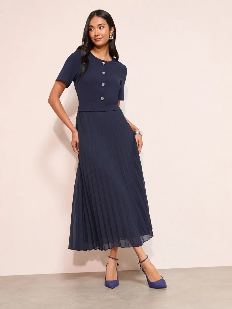 Gelegenheidskleding|Jurken*Friends Like These - Button Down 2-In-1 Pleated Dress Marineblauw