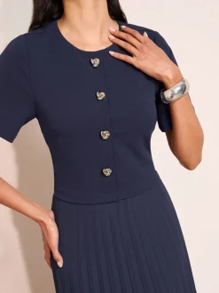 Gelegenheidskleding|Jurken*Friends Like These - Button Down 2-In-1 Pleated Dress Marineblauw