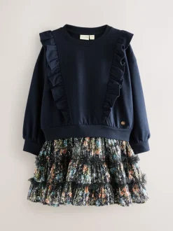 Gelegenheidskleding|Jurken*Laura Ashley - - Mock-sweatjurk met ruche Marineblauw
