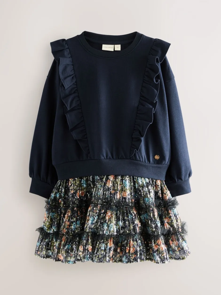 Gelegenheidskleding|Jurken*Laura Ashley - - Mock-sweatjurk met ruche Marineblauw