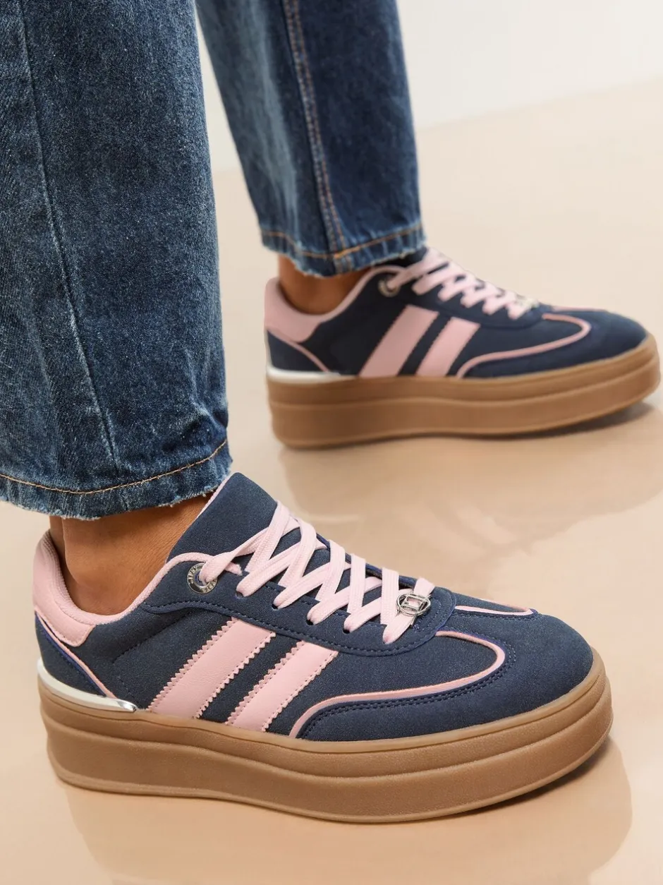 Sneakers|Lipsy Marineblauw - Faux suède sportschoen met dikke zool