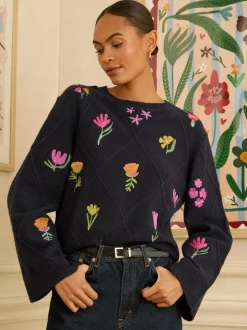 Gebreide Kleding|Love & Roses - Embroidered Detail Knitted Jumper Marineblauw
