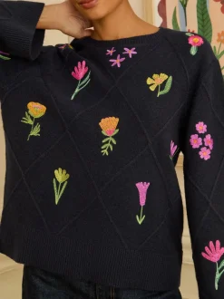 Gebreide Kleding|Love & Roses - Embroidered Detail Knitted Jumper Marineblauw