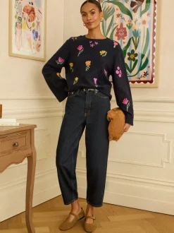 Gebreide Kleding|Love & Roses - Embroidered Detail Knitted Jumper Marineblauw