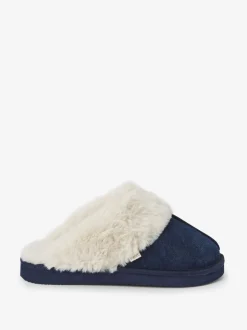Pantoffels|Next Marineblauw - Met imitatiebont gevoerde suède pantoffelmuiltjes