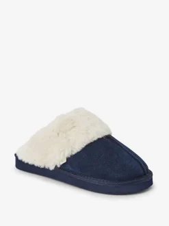 Pantoffels|Next Marineblauw - Met imitatiebont gevoerde suède pantoffelmuiltjes