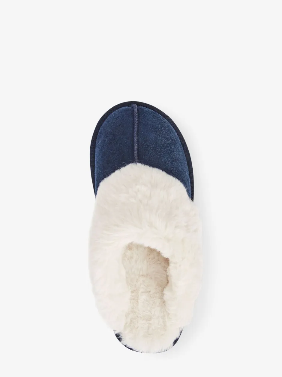 Pantoffels|Next Marineblauw - Met imitatiebont gevoerde suède pantoffelmuiltjes