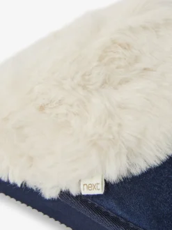 Pantoffels|Next Marineblauw - Met imitatiebont gevoerde suède pantoffelmuiltjes