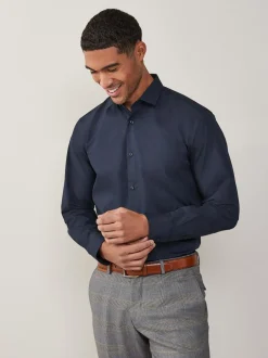 Formele Overhemden|Shirts*Next Marineblauw - Normale Pasvorm - Strijkvrij net overhemd met enkele manchet