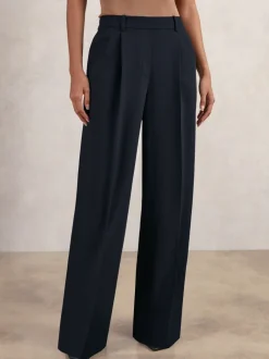 Broeken|Reiss - Eden wijde broek van keperstof met elastische tailleband Marineblauw