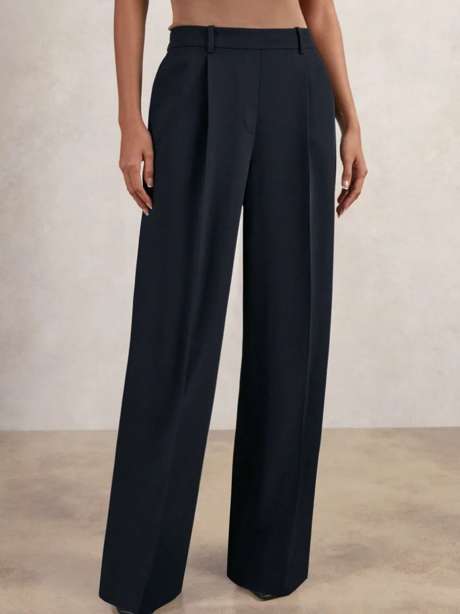 Broeken|Reiss - Eden wijde broek van keperstof met elastische tailleband Marineblauw