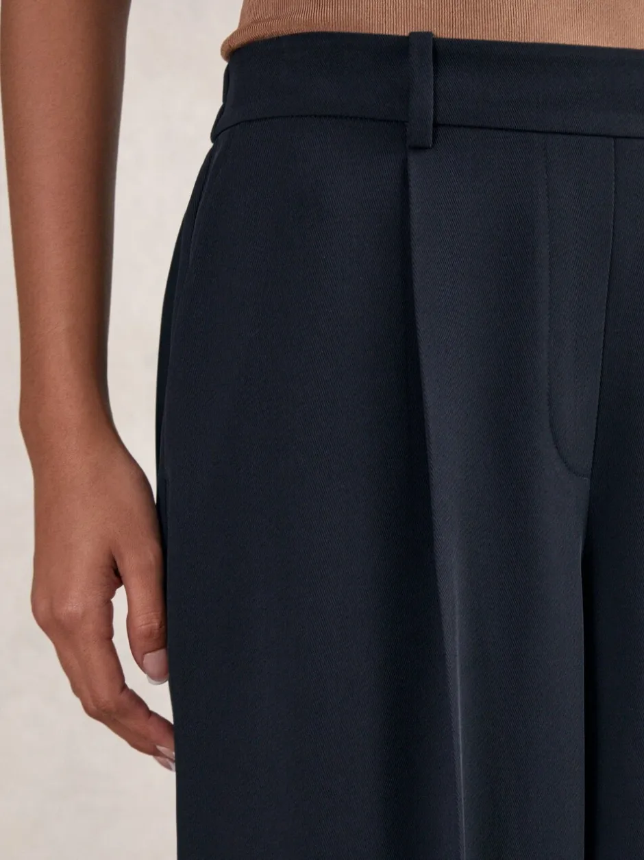 Broeken|Reiss - Eden wijde broek van keperstof met elastische tailleband Marineblauw