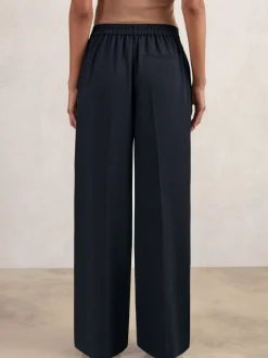 Broeken|Reiss - Eden wijde broek van keperstof met elastische tailleband Marineblauw
