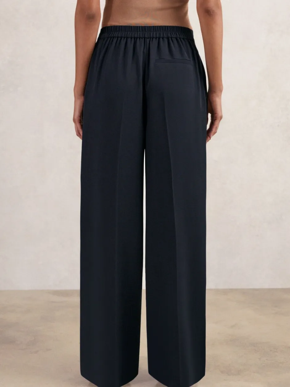 Broeken|Reiss - Eden wijde broek van keperstof met elastische tailleband Marineblauw