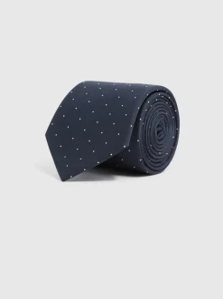 Stropdassen En Pochets|Reiss Marineblauw - zijden Liam stropdas met stippen