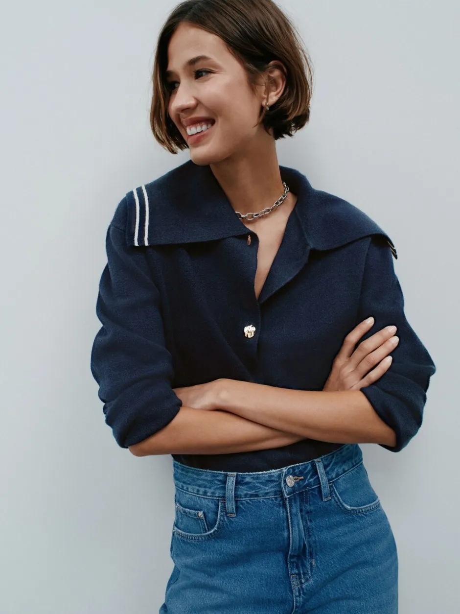 Gebreide Kleding|Next - Sailor Collar Cardigan Marineblauw
