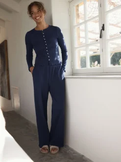 Loungewear|Alle Nacht- En Loungekleding*self. - Geribbelde pyjama met knopen Marineblauw