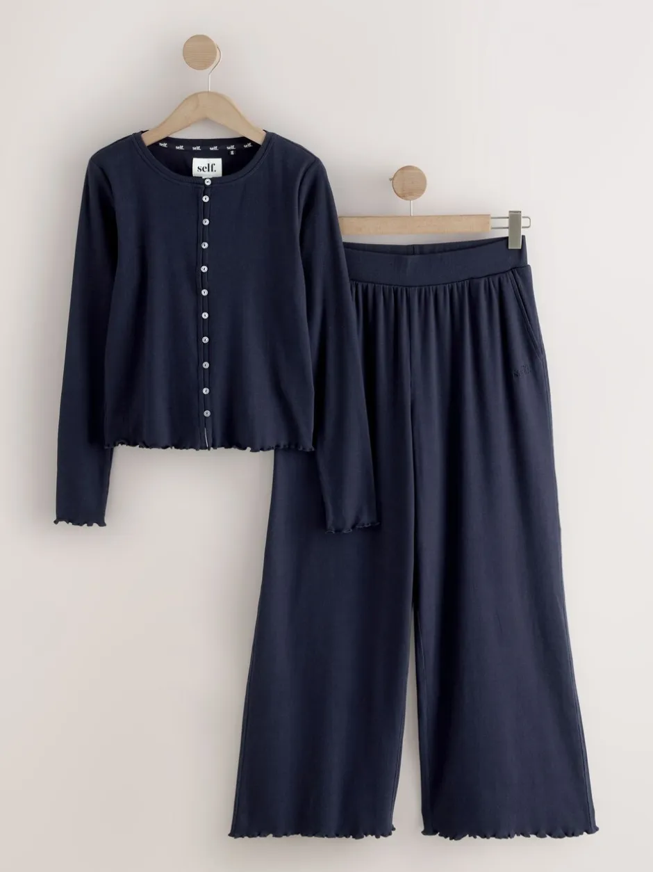 Loungewear|Alle Nacht- En Loungekleding*self. - Geribbelde pyjama met knopen Marineblauw