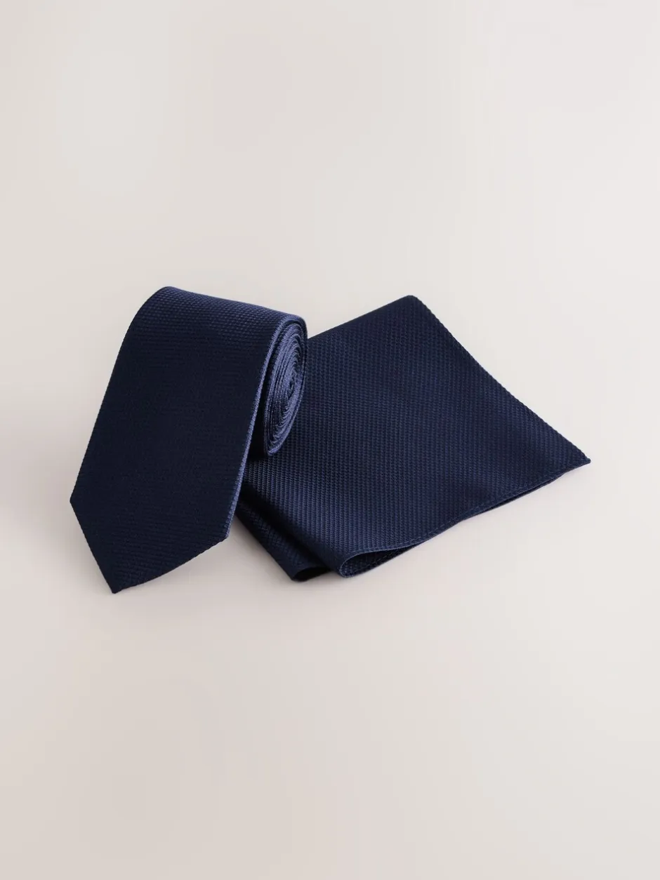 Stropdassen En Pochets|Next Marineblauw - Set met textuurrijke stropdas en pochet