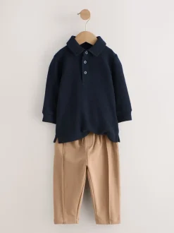 Tops|Joggingbroeken*Next - Set van poloshirt met lange mouwen en joggingbroek (3mnd-7jr) Marineblauw