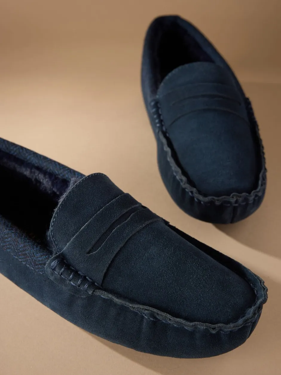 Pantoffels*Next - Signature Suede Fabric Trim Moccasin Slippers Marineblauw