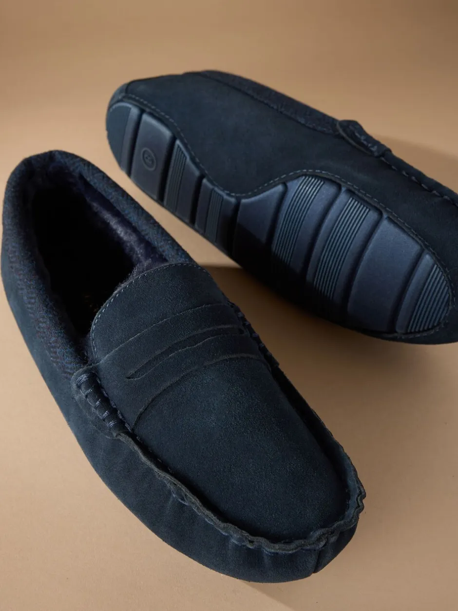 Pantoffels*Next - Signature Suede Fabric Trim Moccasin Slippers Marineblauw