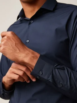 Formele Overhemden|Shirts|Next - Slim Fit - Strijkvrij net overhemd met enkele manchet Marineblauw