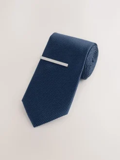 Stropdassen En Pochets|Next Marineblauw - Stropdas met textuur en dasspeld