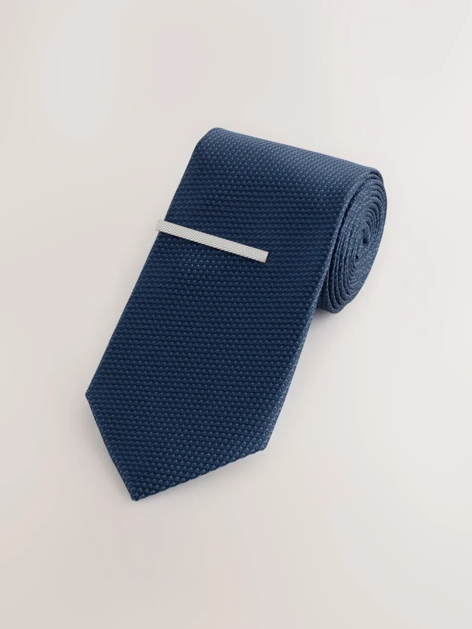 Stropdassen En Pochets|Next Marineblauw - Stropdas met textuur en dasspeld