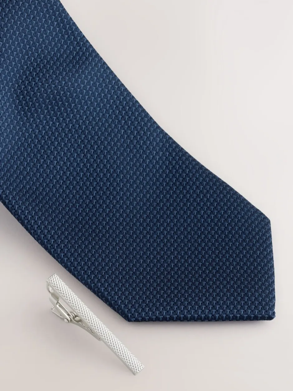Stropdassen En Pochets|Next Marineblauw - Stropdas met textuur en dasspeld