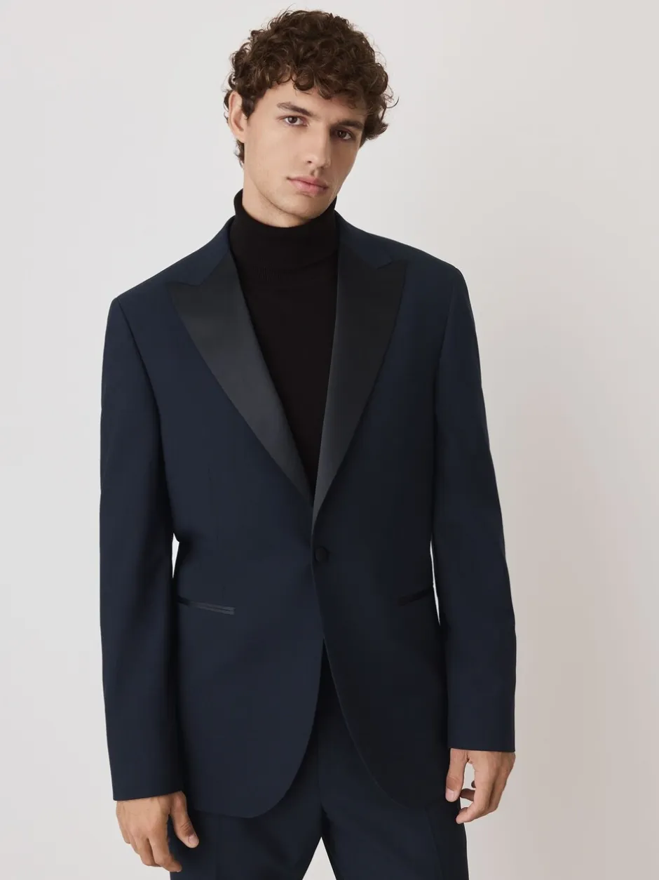 Smokings En Feestkleding|Next Marineblauw - Tailored Fit Wool Blend Motionflex Tuxedo Suit Jacket